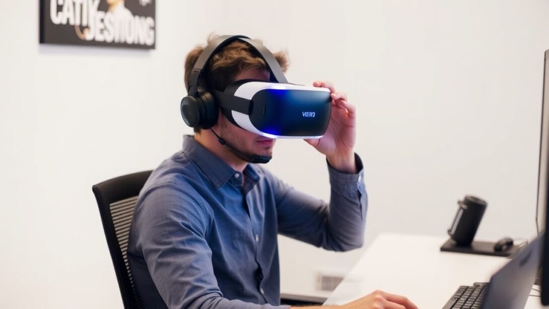 A person using a virtual reality headset while sitting at a desk