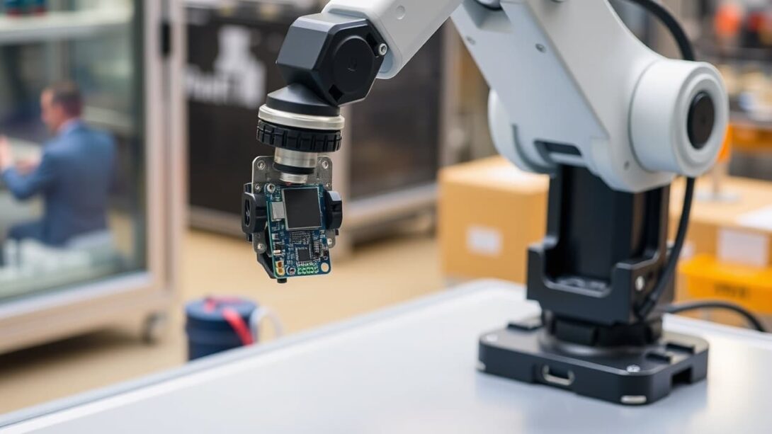 A robot arm is assembling a small electronic device on a factory floor