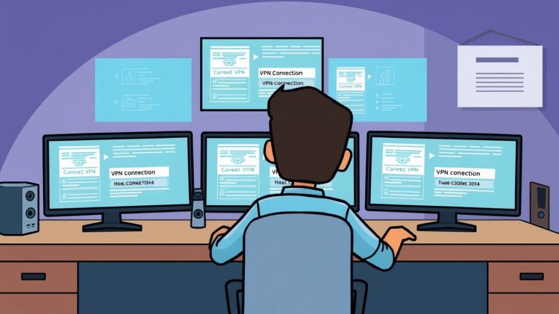 A person sits at a desk with multiple computer screens showing VPN connections.